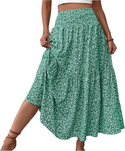 Women's Skirts Women's Summer Comfy Tiered Elastic High Waisted Long Skirt Casual Floral Print A Line Midi Skirts in Kuwait