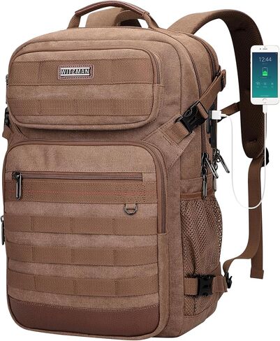 WITZMAN Canvas Travel Backpack for Men Multiple Pockets Fit 16 inch Laptop Backpack Carry-on Airline Approved(A8025 Brown) in Kuwait