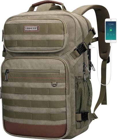 WITZMAN Canvas Travel Backpack for Men Multiple Pockets Fit 16 inch Laptop Backpack Carry-on Airline Approved(A8025 Brown) in Kuwait