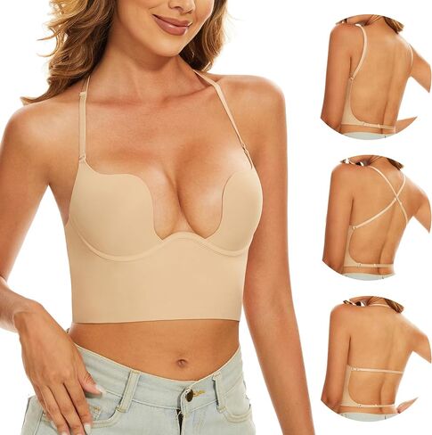 Low Back Bras for Women-Invisible Backless Bra-Seamless Secret Plunge Bra No Show Multiway Bras Deep U Plunge Halter(Nude, 34A) in Saudi Arabia