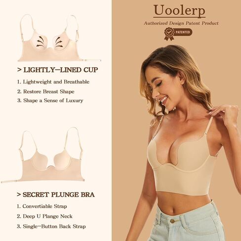 Low Back Bras for Women-Invisible Backless Bra-Seamless Secret Plunge Bra No Show Multiway Bras Deep U Plunge Halter(Nude, 34A) in Saudi Arabia