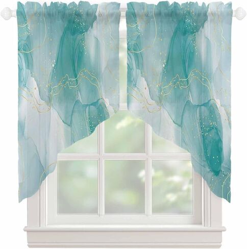 Teal Marble Swag Valances for Windows Golden Lines Modern Semi Sheer Valance Curtains Abstract Teal Ombre Voile Swags Topper Curtain for Kitchen Living Room Bedroom, 2 Panels, 36x45 Inch in Saudi Arabia