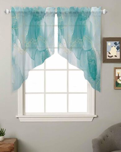 Teal Marble Swag Valances for Windows Golden Lines Modern Semi Sheer Valance Curtains Abstract Teal Ombre Voile Swags Topper Curtain for Kitchen Living Room Bedroom, 2 Panels, 36x45 Inch in Saudi Arabia