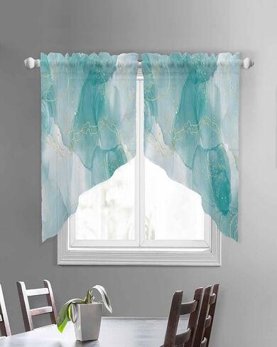 Teal Marble Swag Valances for Windows Golden Lines Modern Semi Sheer Valance Curtains Abstract Teal Ombre Voile Swags Topper Curtain for Kitchen Living Room Bedroom, 2 Panels, 36x45 Inch in Saudi Arabia
