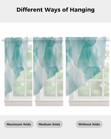 Teal Marble Swag Valances for Windows Golden Lines Modern Semi Sheer Valance Curtains Abstract Teal Ombre Voile Swags Topper Curtain for Kitchen Living Room Bedroom, 2 Panels, 36x45 Inch in Saudi Arabia
