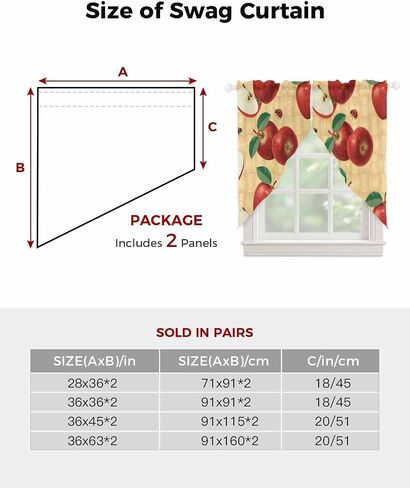 Farmhouse Apples Swag Curtains 36 Inch Length 2 Panels Set, Country Tropical Fruits Watercolor Sheer Curtain Drapes Rod Pocket Valance For Kitchen,Living Room,Bedroom,Bathroom,Cafe Window 56"Wx36"L in Saudi Arabia