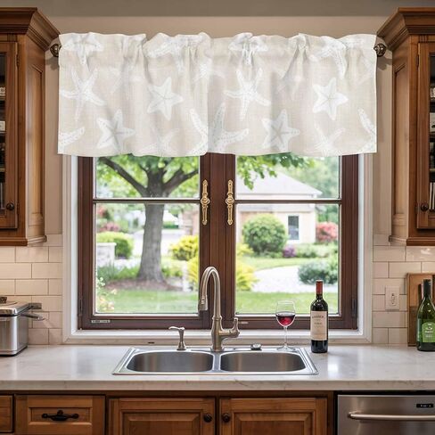 Starfish Valances Curtain for Windows, Summer Beach Nautical Ocean Sea Star Marine Life Beige Valance Rod Pocket Window Treatments Short Curtains for Kitchen Living Room Bedroom 54"x18" in Saudi Arabia