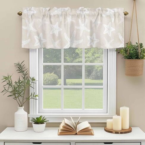 Starfish Valances Curtain for Windows, Summer Beach Nautical Ocean Sea Star Marine Life Beige Valance Rod Pocket Window Treatments Short Curtains for Kitchen Living Room Bedroom 54"x18" in Saudi Arabia