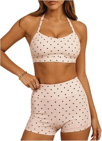 WDIRARA Women's Workout Sets Polka Dots 2 Piece Yoga Outfit Sports Bra Biker Shorts Set Tracksuit in Kuwait
