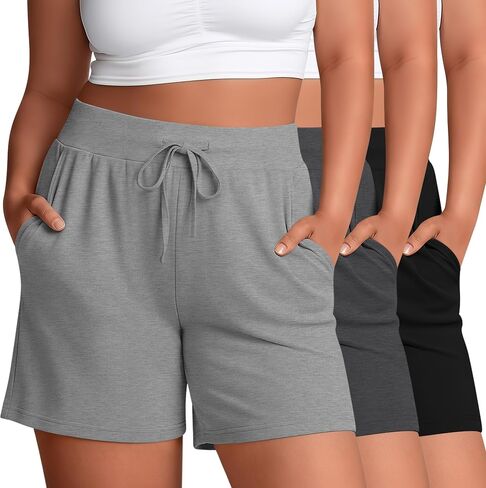 Neer 3 Pack Plus Size Women's Bermuda Shorts Cotton Drawstring High Waist Casual Athletic Sweatpants with Pockets XL-5XL in Saudi Arabia