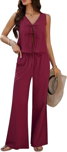 CHICWISH Women 2 Piece Outfits V Neck Tie-Front Sleeveless Top and Tie String Long Pants Travel Vacation Summer Sets in Kuwait