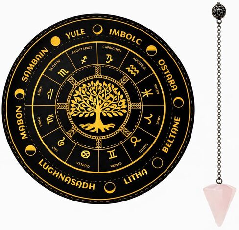 Witchcraft Dowsing Board & Rose Quartz Pendulum Divination Set | Zodiac and sabbats patterns, pink crystal necklace, spiritual meditation, witchcraft altar accessories, inner energy guide in Saudi Arabia