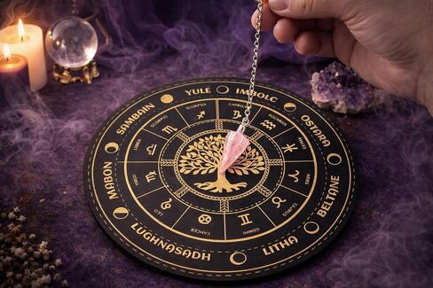 Witchcraft Dowsing Board & Rose Quartz Pendulum Divination Set | Zodiac and sabbats patterns, pink crystal necklace, spiritual meditation, witchcraft altar accessories, inner energy guide in Saudi Arabia