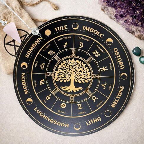Witchcraft Dowsing Board & Rose Quartz Pendulum Divination Set | Zodiac and sabbats patterns, pink crystal necklace, spiritual meditation, witchcraft altar accessories, inner energy guide in Saudi Arabia