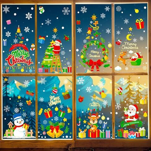235Pcs Double Sided Static Christmas Window Stickers Reusable Cute Christmas Window Clings Snowman Santa Claus Reindeer Snowflake Window Decals for Xmas Party Supplies Decorations in Saudi Arabia