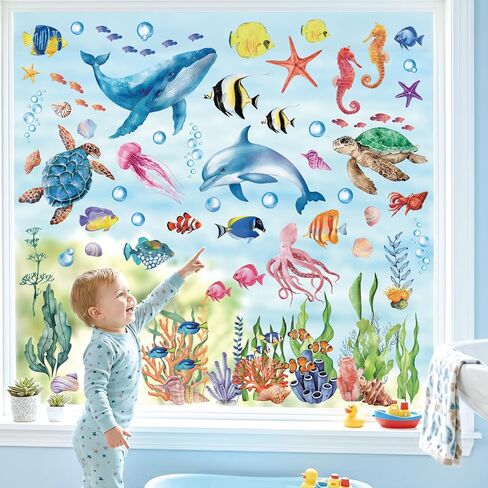 DECOWALL CDS9-9004 Under The Sea Window Clings Sea Animals Ocean Fish Turtle Jellyfish Reuseble Waterproof for Kids Nursery Living Room Window Home Bathroom décor - Double Sided Print in Kuwait