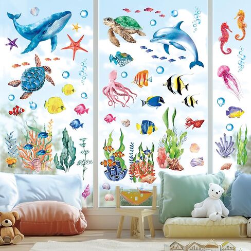 DECOWALL CDS9-9004 Under The Sea Window Clings Sea Animals Ocean Fish Turtle Jellyfish Reuseble Waterproof for Kids Nursery Living Room Window Home Bathroom décor - Double Sided Print in Kuwait
