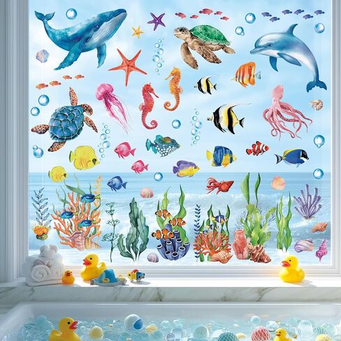 DECOWALL CDS9-9004 Under The Sea Window Clings Sea Animals Ocean Fish Turtle Jellyfish Reuseble Waterproof for Kids Nursery Living Room Window Home Bathroom décor - Double Sided Print in Kuwait