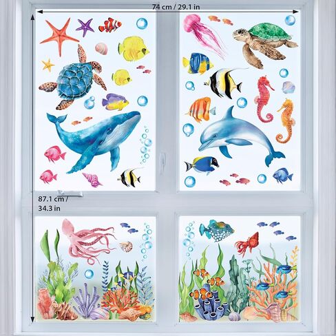 DECOWALL CDS9-9004 Under The Sea Window Clings Sea Animals Ocean Fish Turtle Jellyfish Reuseble Waterproof for Kids Nursery Living Room Window Home Bathroom décor - Double Sided Print in Kuwait