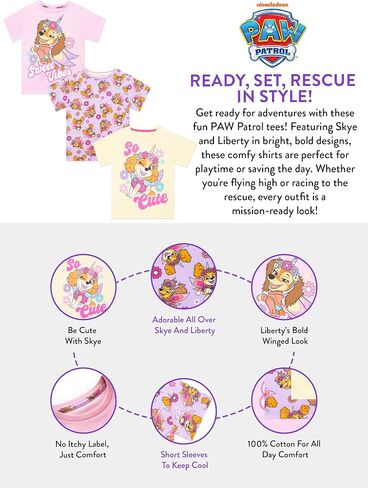 Paw Patrol 3 Pack Girls T Shirts, Pack of 3 Kids Shirts, Skye & Liberty Girls Summer Clothes in Kuwait