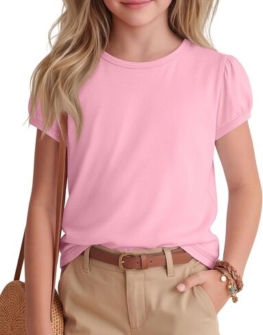 Girls' Puff Sleeve Tops Teen Girls' Basic Crewneck Shirts Kids' Solid Color Summer T-Shirts Youth Casual Tees in Saudi Arabia