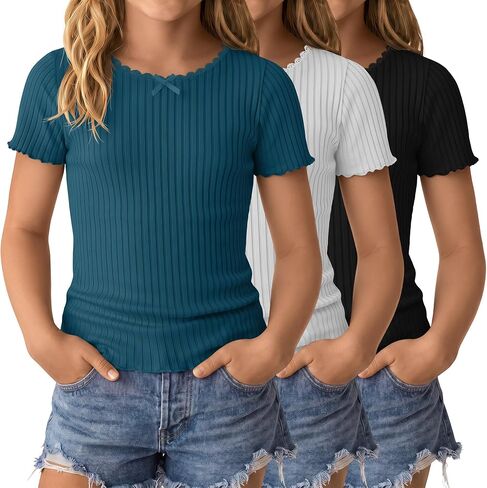 Oakgarden 3 Pack Girls Short Sleeve Tops Ribbed Crew Neck Tshirts Basic Casual Kids Shirts Lettuce Trim Summer Tees in Kuwait
