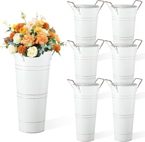 6pcs Galvanized Bucket Bar Flower Bucket Metal Vase with Handles Farmhouse Vases for Flowers Wedding Table Centerpiece Decorations Rustic Vintage Metal Floral Container for Party Home Arrangements in Kuwait