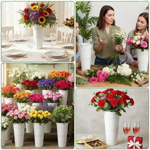 6pcs Galvanized Bucket Bar Flower Bucket Metal Vase with Handles Farmhouse Vases for Flowers Wedding Table Centerpiece Decorations Rustic Vintage Metal Floral Container for Party Home Arrangements in Kuwait