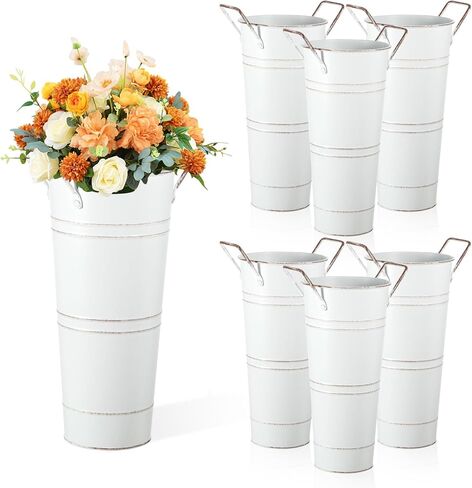 6pcs Galvanized Bucket Bar Flower Bucket Metal Vase with Handles Farmhouse Vases for Flowers Wedding Table Centerpiece Decorations Rustic Vintage Metal Floral Container for Party Home Arrangements in Kuwait