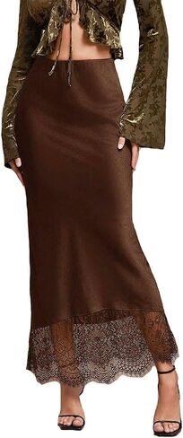 LOFAAC Women Sexy Satin Lace Patchwork Midi Skirt Tight Fitted Elegant Low Waist Silky Flowy A Line Maxi Skirts in Saudi Arabia