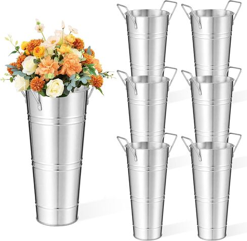6pcs Galvanized Bucket Bar Flower Bucket Metal Vase with Handles Farmhouse Vases for Flowers Wedding Table Centerpiece Decorations Rustic Vintage Metal Floral Container for Party Home Arrangements in Kuwait