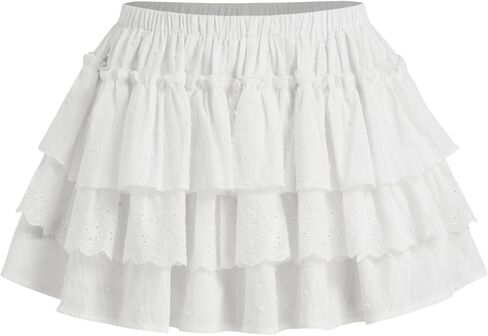 CIDER Mini Skirt Ruffle Layered A Line Mid Waist Broderie Anglaise Short Skirts in Kuwait