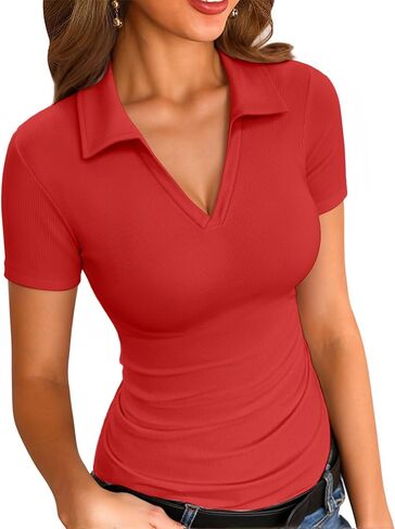 VICHYIE Womens Long Sleeve Shirts Lapel Collared V Neck Slim Fitted Ribbed Knit Trendy Tight Polo Tops in Saudi Arabia