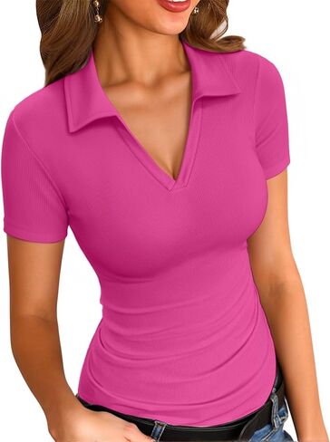 VICHYIE Womens Long Sleeve Shirts Lapel Collared V Neck Slim Fitted Ribbed Knit Trendy Tight Polo Tops in Saudi Arabia