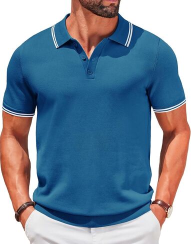 COOFANDY Men's Knit Polo Shirts Short Sleeve Casual Button Golf Polo Shirts Collared T Shirt Blue in Kuwait