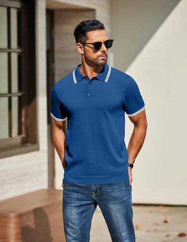 COOFANDY Men's Knit Polo Shirts Short Sleeve Casual Button Golf Polo Shirts Collared T Shirt Blue in Kuwait