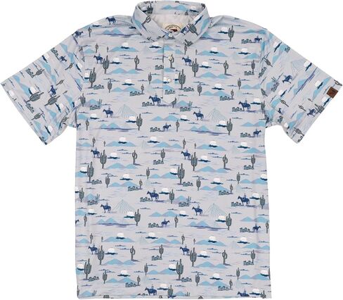 Lazy J Ranch Wear Men's Cactus Print Performance Polo Shirt - Blue - Pearl Snap Buttons - Golf Shirts for Men in Saudi Arabia