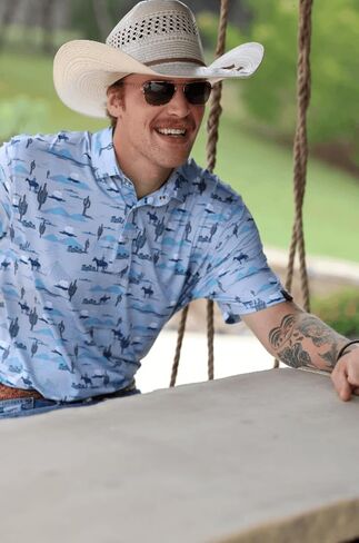Lazy J Ranch Wear Men's Cactus Print Performance Polo Shirt - Blue - Pearl Snap Buttons - Golf Shirts for Men in Saudi Arabia