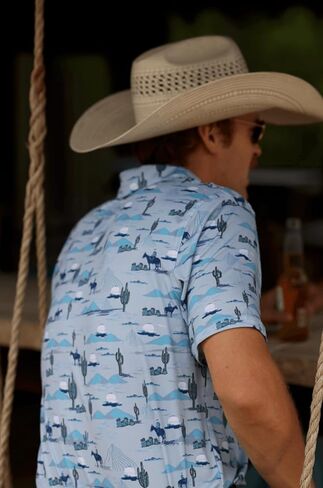 Lazy J Ranch Wear Men's Cactus Print Performance Polo Shirt - Blue - Pearl Snap Buttons - Golf Shirts for Men in Saudi Arabia