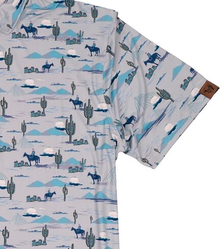 Lazy J Ranch Wear Men's Cactus Print Performance Polo Shirt - Blue - Pearl Snap Buttons - Golf Shirts for Men in Saudi Arabia