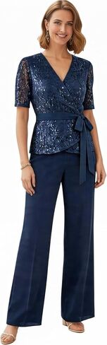 2 Pieces Chiffon Mother of The Bride Pant Suits for Wedding Half Sleeves Lace Appliques Women Formal Pantsuits WT047 in Saudi Arabia
