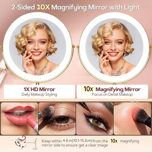 12" Extra Large Lighted Makeup Mirror, 1X/10X, 2-Sided Magnifying Mirror with 96 LEDs, 3 Color Dimmable Lights, 360° Swivel, LED Vanity Mirror, Gold - Great Gift in Saudi Arabia