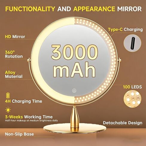 12" Extra Large Lighted Makeup Mirror, 1X/10X, 2-Sided Magnifying Mirror with 96 LEDs, 3 Color Dimmable Lights, 360° Swivel, LED Vanity Mirror, Gold - Great Gift in Saudi Arabia