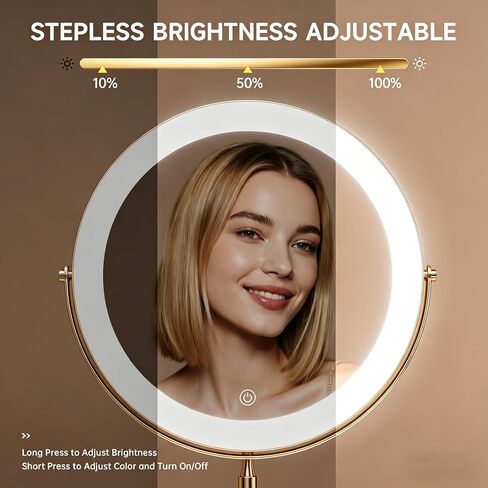 12" Extra Large Lighted Makeup Mirror, 1X/10X, 2-Sided Magnifying Mirror with 96 LEDs, 3 Color Dimmable Lights, 360° Swivel, LED Vanity Mirror, Gold - Great Gift in Saudi Arabia