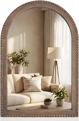 Vercraft 36" x 24" Arched Wall Mirror Wooden Arch Farmhouse Mirror with Wooden Beaded Frame Rustic Wall Decor for Entryway, Bathroom & Living Room in Kuwait