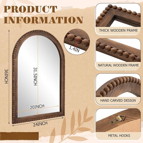 Vercraft 36" x 24" Arched Wall Mirror Wooden Arch Farmhouse Mirror with Wooden Beaded Frame Rustic Wall Decor for Entryway, Bathroom & Living Room in Kuwait