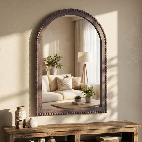 Vercraft 36" x 24" Arched Wall Mirror Wooden Arch Farmhouse Mirror with Wooden Beaded Frame Rustic Wall Decor for Entryway, Bathroom & Living Room in Kuwait