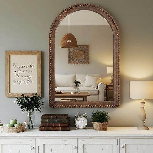 Vercraft 36" x 24" Arched Wall Mirror Wooden Arch Farmhouse Mirror with Wooden Beaded Frame Rustic Wall Decor for Entryway, Bathroom & Living Room in Kuwait