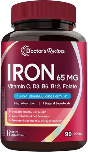 Doctor's Recipes Iron Supplement for Women & Men, Iron 65 mg with Vitamin C, D3, B6, B12, Folate, Beet Root, Pumpkin Seeds, for Energy & Red Blood Cell Support, 90 Tablets in Saudi Arabia