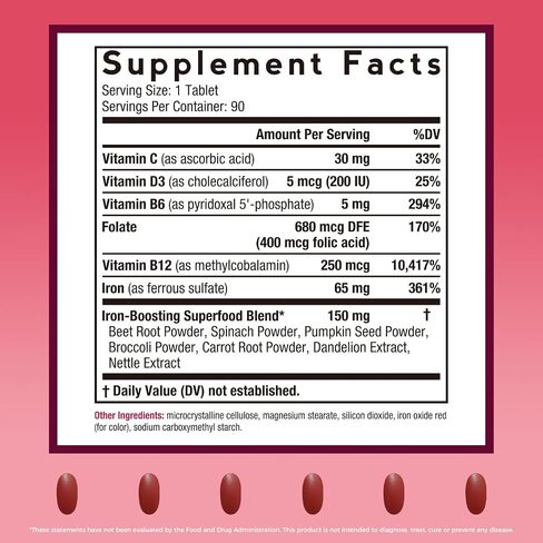 Doctor's Recipes Iron Supplement for Women & Men, Iron 65 mg with Vitamin C, D3, B6, B12, Folate, Beet Root, Pumpkin Seeds, for Energy & Red Blood Cell Support, 90 Tablets in Saudi Arabia